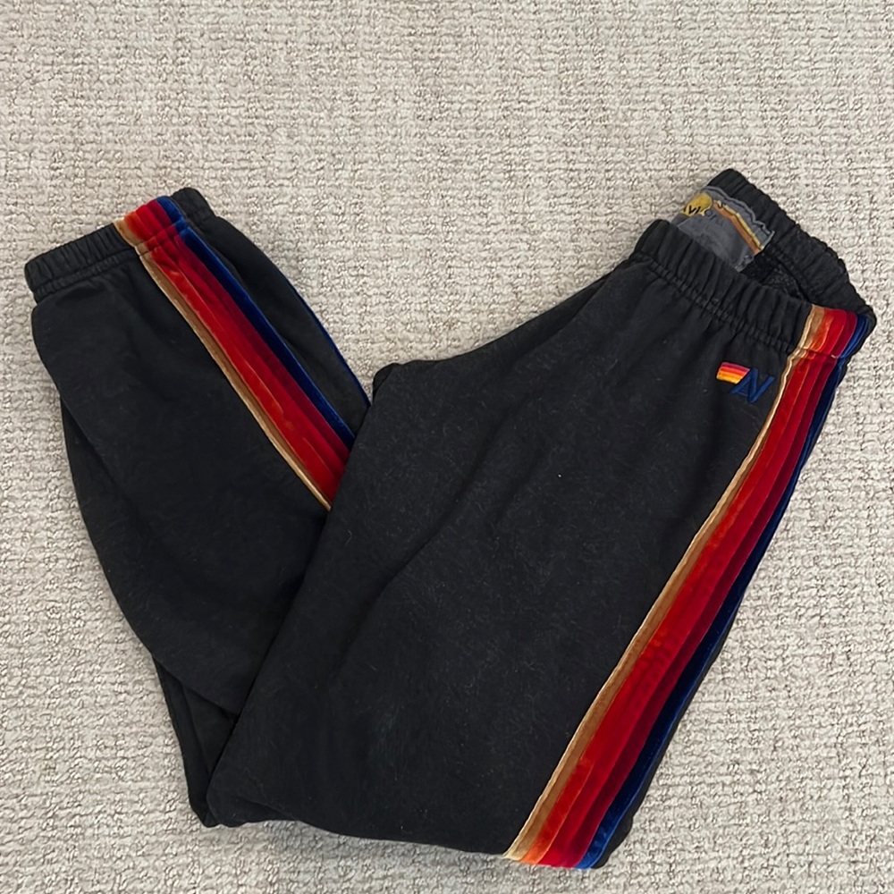 Aviator Nation Charcoal sweats with 5 velour stripes size small. Great condition
